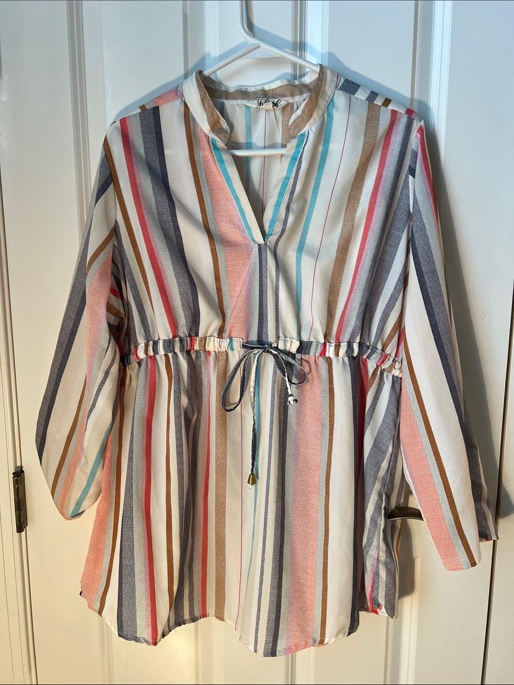 Multicolor Striped Tie Elastic Waist Blouse - Women